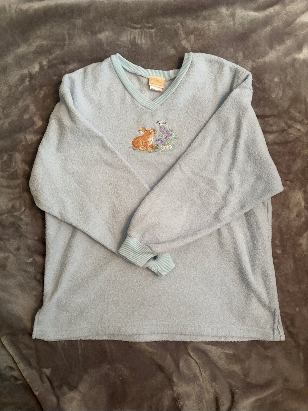 Light Blue V-Neck Fleece Pullover with Bunny Embroidery